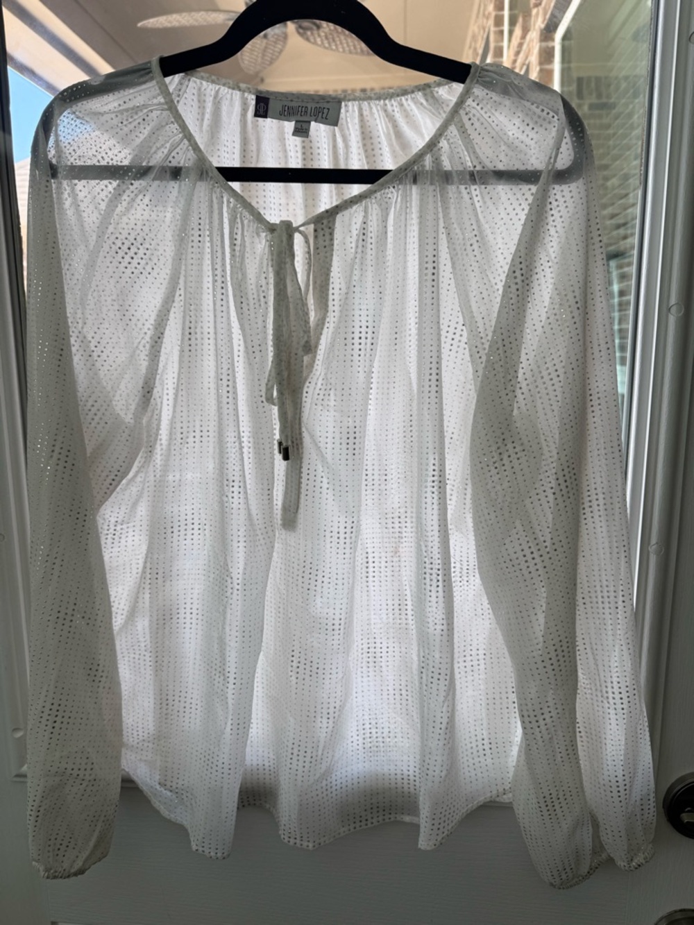 Jennifer Lopez Sheer White Tie-Neck Eyelet Blouse
